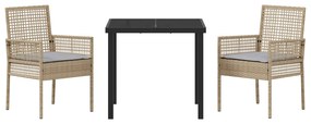 Conjunto de Jantar de Jardim com 3 Peças e Almofadas Bege em Vime Sint