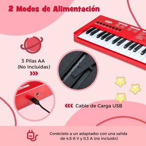 Teclado de piano para crianças Piano elétrico portátil de 37 teclas com 8 ritmos, 8 tons e 22 demos Instrumento musical eletrónico vermelho