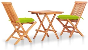 vidaXL Conjunto bistrô c/ almofadões verde brilhante 3 pcs teca maciça