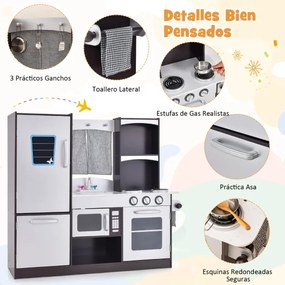 Cozinha de brincar de madeira infantil com brinquedo, geladeira, forno, quadro negro, fogão, torneira e pia, 105 x 31,5 x 95 cm, castanho