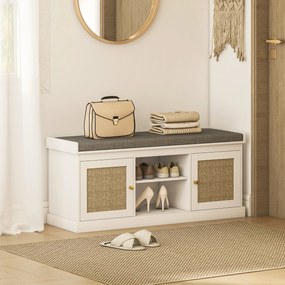 Banco Sapateira com Assento Acolchoado Portas em Vime e Prateleira Aberta para 9 Pares de Sapatos 105x35x47 cm Branco