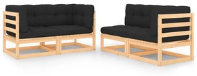 vidaXL 4 pcs conjunto lounge de jardim c/ almofadões pinho maciço