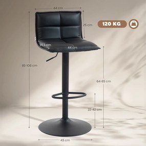 Conjunto de 2 bancos de bar, bancos de bar com altura ajustável e assento giratório em PU, 44 x 45 x 85-106 cm, preto