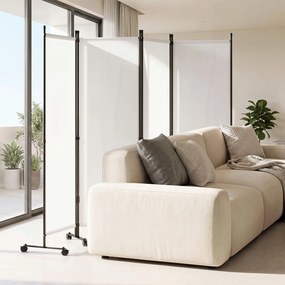 Biombo  Separador de Espaço Dobrável de 4 Painéis, 221 x 35,5 x 173 cm, Rodas Bloqueáveis, Branco