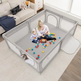 Parque para bebés 206 x 147 x 68,5 cm com rede respirável, bolsa de transporte, 50 bolas oceânicas e porta com fecho de correr  – Cinza claro