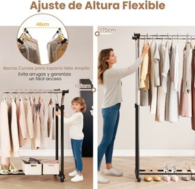 Guarda Roupa aberto, móvel com duas barras, altura ajustável 160-180 cm, com rodas, metal resistente, para closet, lavandaria ou sala, preto