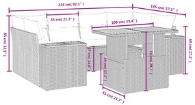 7 pcs conjunto sofás p/ jardim c/ almofadões vime PE cinzento
