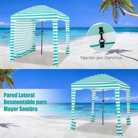 Tenda Guarda-sol de praia portátil com parede lateral amovível Bolsa de transporte 8 sacos de areia Proteção solar Exterior 183 x 183 cm Verde
