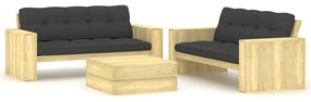 vidaXL 3 pcs conjunto lounge de jardim com almofadões pinho impregnado