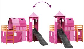 Cama alta para criança com torre 90x190 cm pinho maciço rosa