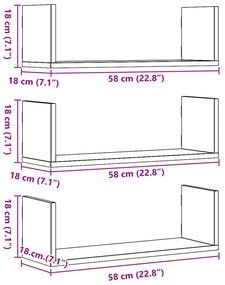 Prateleiras de parede 3 pcs 58x18x18 cm deriv. de madeira preto