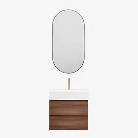 Conjunto De Móvel De Casa De Banho Em Madeira E Chapa De Freixo Com Lavatório Integrado Ona Madeira Escura & Ovale Led E Antifog Preto - Sklum