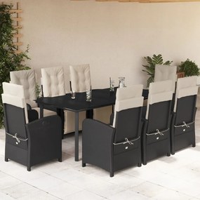 9 pcs conjunto de jantar p/ jardim c/ almofadões vime PE preto