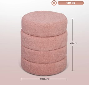 Pufe Redondo de Apoio de Pés, 40 x 40 x 45 cm, Acolchoado em Tecido Teddy, Rosa