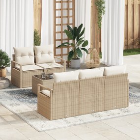 Conjunto de Sofá de Jardim de 6 Peças com Almofadas Bege Vime Polipropileno