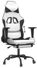 Cadeira gaming c/ apoio p/ pés couro artificial preto e branco