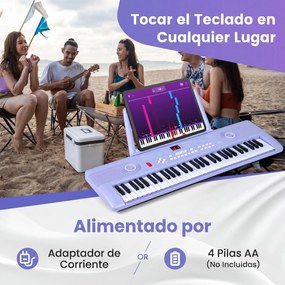 Teclado de piano portátil de 61 teclas com suporte para partituras, microfone, autocolantes de notas e bolsa - 58 x 18 x 5 cm - Roxo