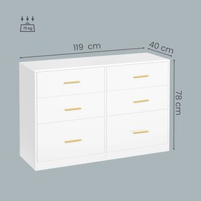 Cómoda com 6 gavetas 40 x 119 x 78 cm, armário de arrumação Branco
