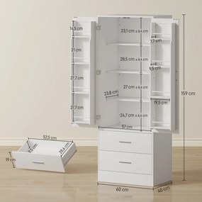 Armário alto de cozinha 60 x 40 x 159 cm com2 portas, 8 suportes para especiarias, 2 gavetas, prateleiras ajustáveis, , branco