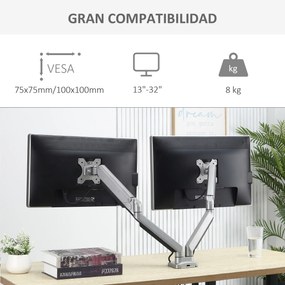 Vinsetto Suporte para Monitor Duplo para Telas LED LCD de 13"-32" Polegadas VESA 75/100mm com Braçadeira Ajustável Giratório 360° e 2 Opções de Montagem 93x11x47cm Prata
