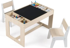 Conjunto Mesa multifuncional infantil com 2 cadeiras e tampo duplo com quadro negro e compartimentos removíveis natural e branco