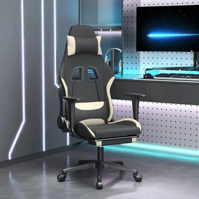 Cadeira Gaming Reclinável com Apoio de Pés em Tecido - Preto e Creme -