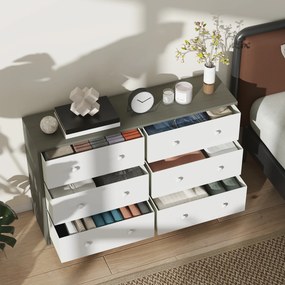 Cómoda com 6 Gavetas de Tecido Cómoda para Quarto Estrutura de Aço e MDF 114x30x70 cm Branco e Cinza