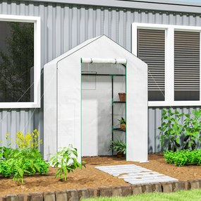Estufa de Jardim Pequena de 3 Níveis com 6 Prateleiras Porta Enrolável e Capa de PE 143x74x190 cm Branco