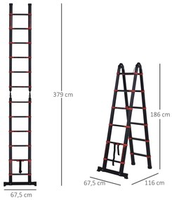 HOMCOM Escada telescópica multifuncional de alumínio de 3,8M 2 formas Estrutura de escalada portátil interna Externa Doméstica, preta
