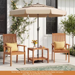 Mesa apoio de madeira para jardim com 2 níveis de arrumação e orifício para guarda-sol de 4 cm (51 x 48 x 45 cm), ideal para pátio, terraço ou varanda