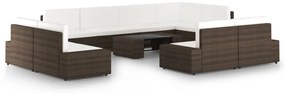 vidaXL 10 pcs conjunto lounge p/ jardim c/ almofadões vime PE castanho