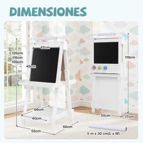 Cavalete de arte dobrável de dupla face 3 em 1 para crianças + 3 anos com quadro negro e rolo de papel substituível 3 copos bandejas Branco
