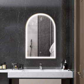 Espelho de casa de banho LED 90 x 60 cm, de parede, 3 cores, moldura arqueada em alumínio, antiembaciamento e interruptor tátil