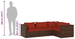 4 pcs conjunto lounge jardim c/ almofadões vime PE castanho