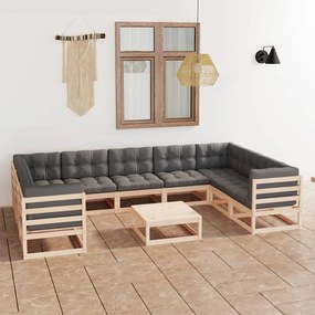 10 pcs conjunto lounge de jardim c/ almofadões pinho maciço