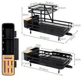 Conjunto de escorredor duplo e secador de louça, escorredor de metal de 2 camadas com suporte para utensílios cozinha Preto