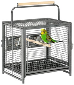 Gaiola para Pássaros Portátil com 2 Poleiros de Madeira Comedouros de Aço Inoxidável e Bandeja Amovível 48x38x47,8 cm Preto