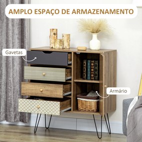 Cómoda com 4 Gavetas Gaveteiro de Madeira com Porta Prateleira Ajustável e Pés de Metal para Sala de Estar Dormitório Cozinha 79x39x86cm Castanho