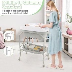 Troca-fraldas com banheira dobrável e portátil para bebés com bandeja de armazenamento e 4 rodas universais com travas, carga 35 kg, cinza