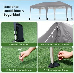 Tenda dobrável 590 x 305 x 266 cm exterior com estacas, cordas de fixação, sacos de areia e rodas para 6-8 pessoas festas, eventos, feiras Cinzenta