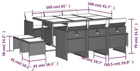 11 pcs conjunto jantar p/ jardim c/ almofadões vime PE cinzento
