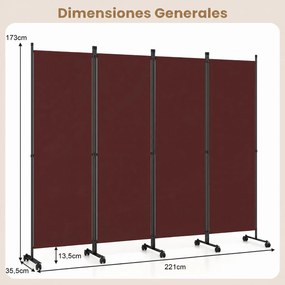 Biombo  Separador de Ambientes Dobrável de 4 Painéis, 221 x 35,5 x 173 cm, Rodas Multidirecionais com Travão, Castanho