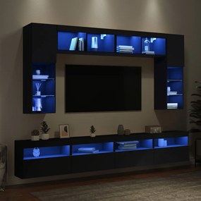 8 pcs conjunto de móveis de parede para TV com luzes LED preto