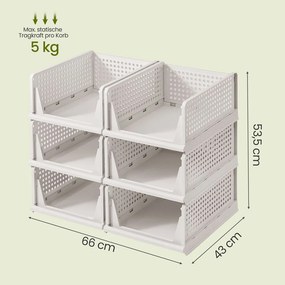 Conjunto de 6 cestos extensíveis dobráveis para armário, organizador empilhável para guarda-roupa brancos