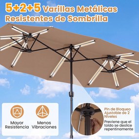 Guarda-sol Duplo Retangular de Exterior com base, 370 x 200 cm, 108 Luzes LED, Castanho