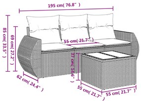 4 pcs conjunto sofás de jardim c/ almofadões vime PE castanho