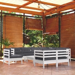 10 pcs conj. lounge de jardim c/ almofadões pinho maciço branco
