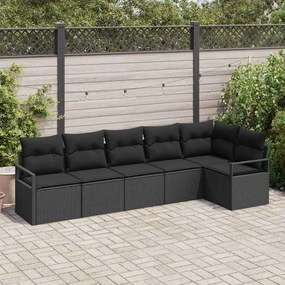 Conjunto de Sofá de Jardim de 6 Peças com Almofadas Preto Rattan Poliéster