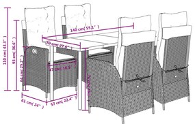 5 pcs conjunto jantar p/ jardim c/ almofadões vime PE castanho