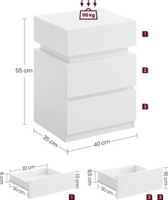 Mesa de cabeçeira com iluminação LED 35,1 x 40,1 x 55,1 cmcores ajustáveis branco